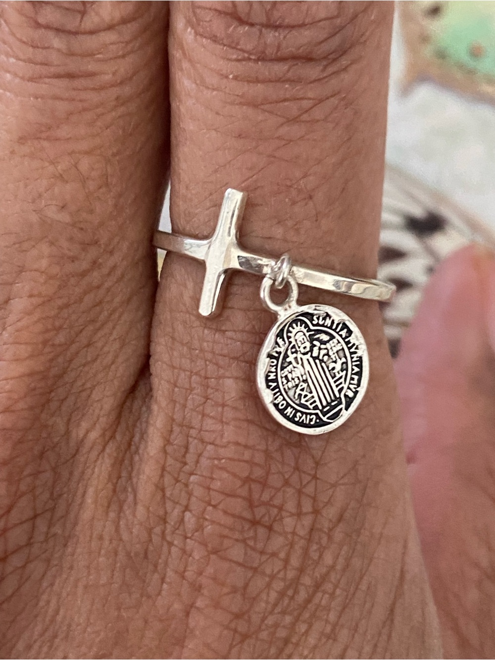 Sterling Silver 925 Cross Ring with Saint Benedict Medallion Charm - Silver